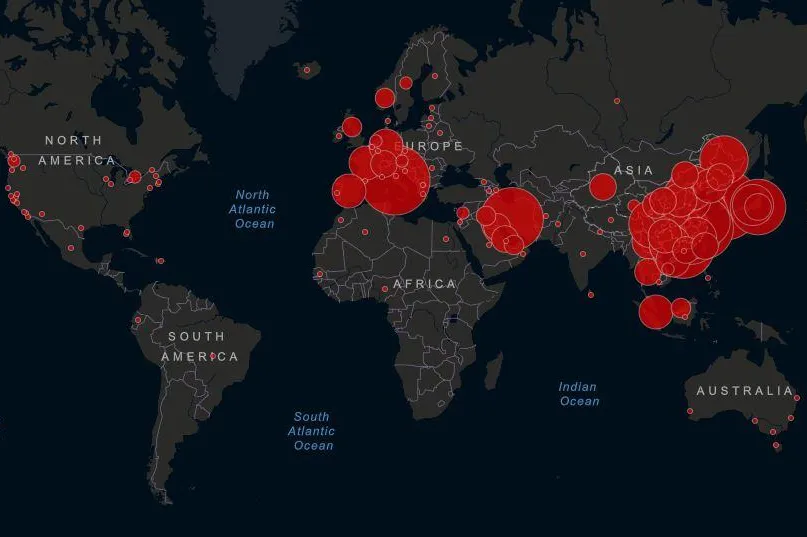 Coronavirus COVID-19 WHO pandemic world map John Hopkins