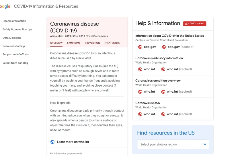 Google Covid-19 Coronavirus portal website