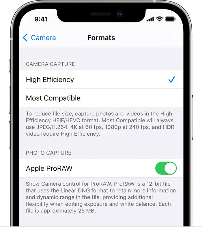 apple proraw camera settings